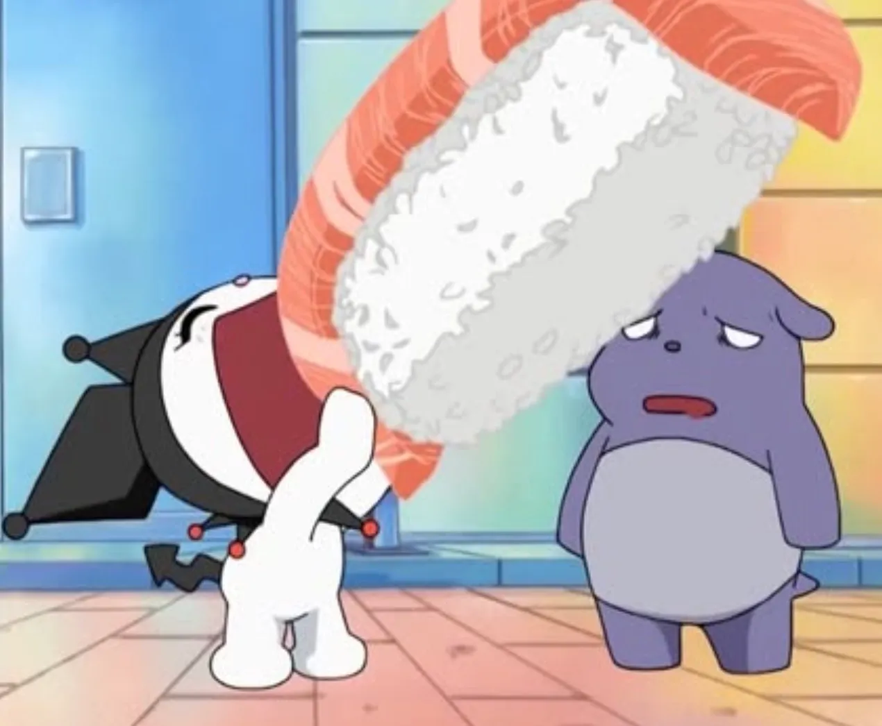 Kuromi eating sushi while baku looking at her